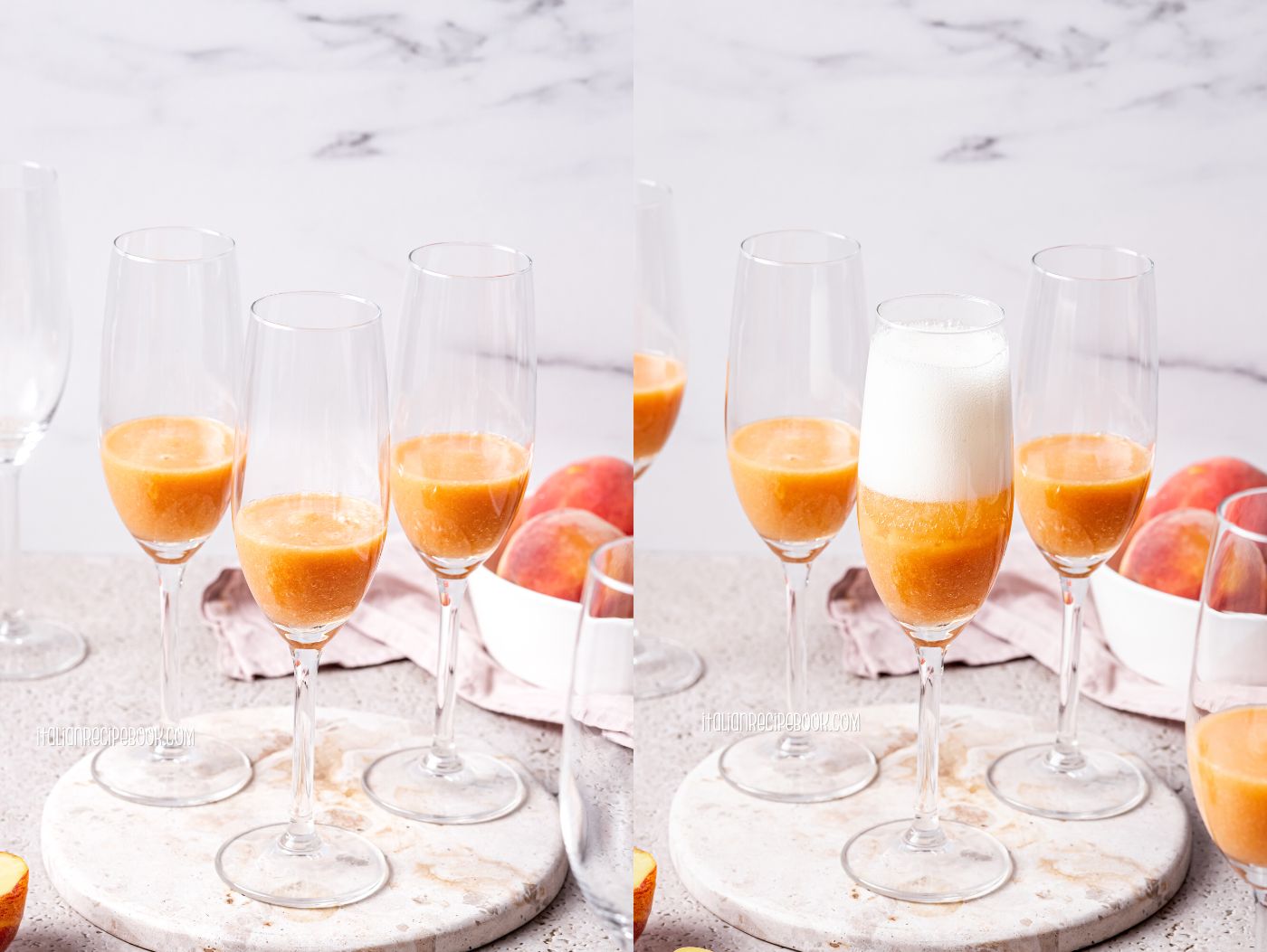how to make bellini cocktail - fill half through with prosecco