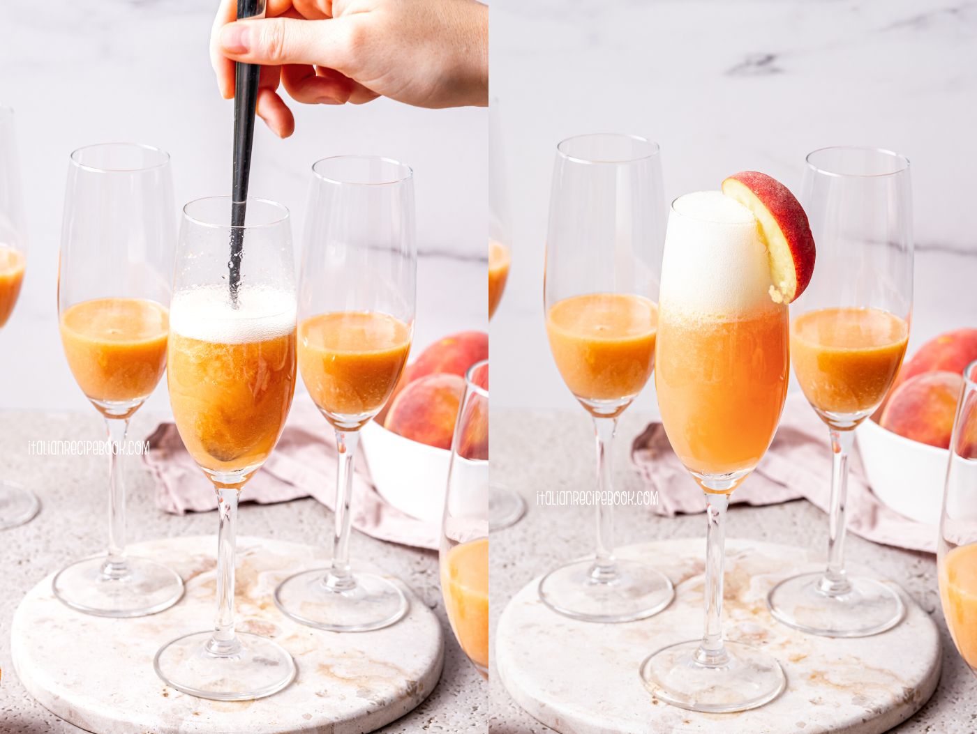 how to make bellini cocktail - stir bellini cocktail and serve