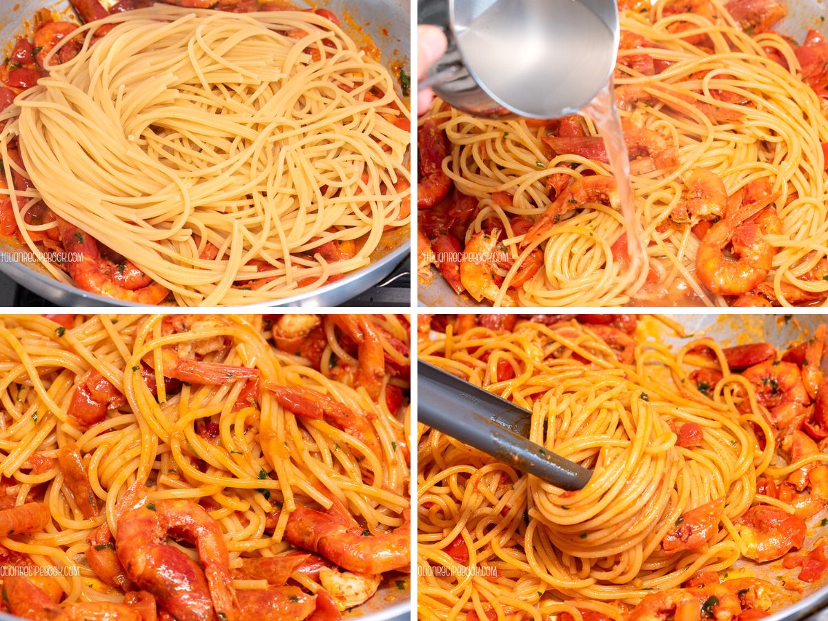 Tossing shrimp spaghetti in the sauce.