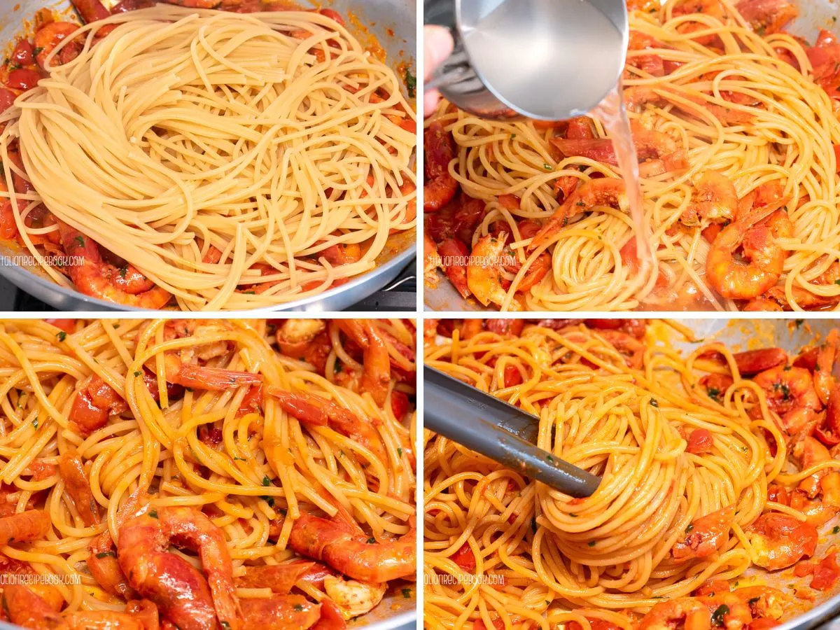 tossing shrimp spaghetti in the sauce - step 3