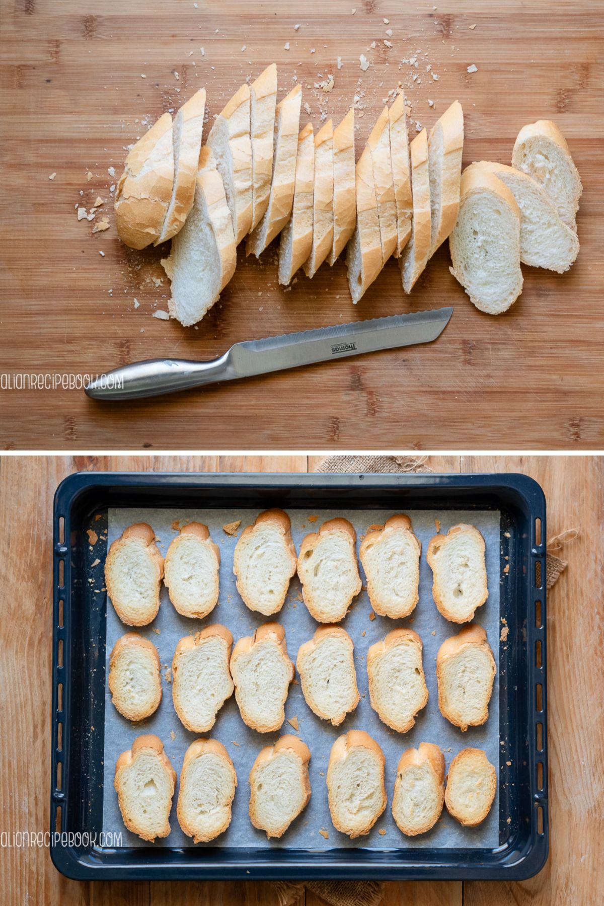 Collage image, top showing sliced bread on a wooden board and bottom bread slices on a baking sheet.