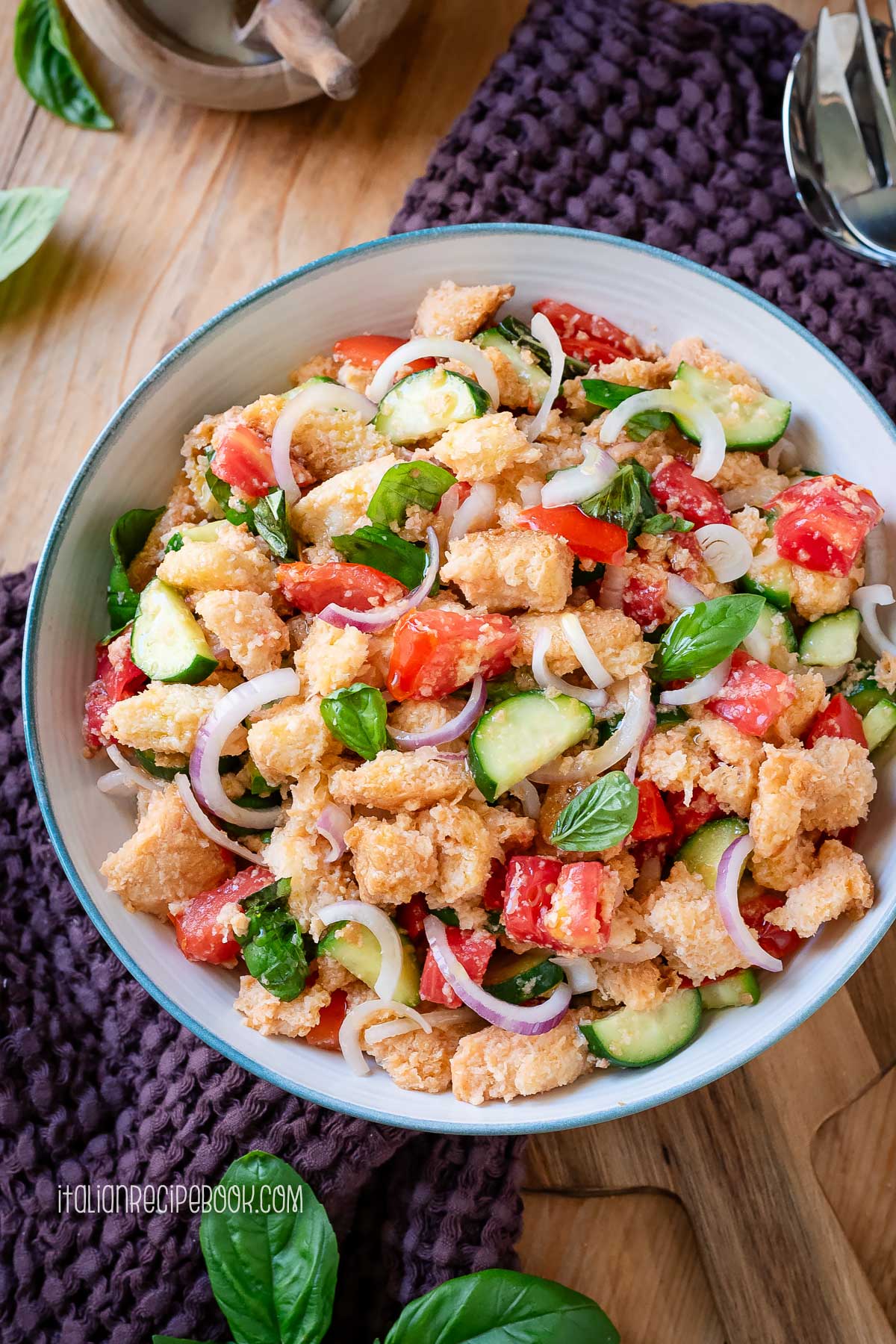 italian brad and tomato salad in a bowl