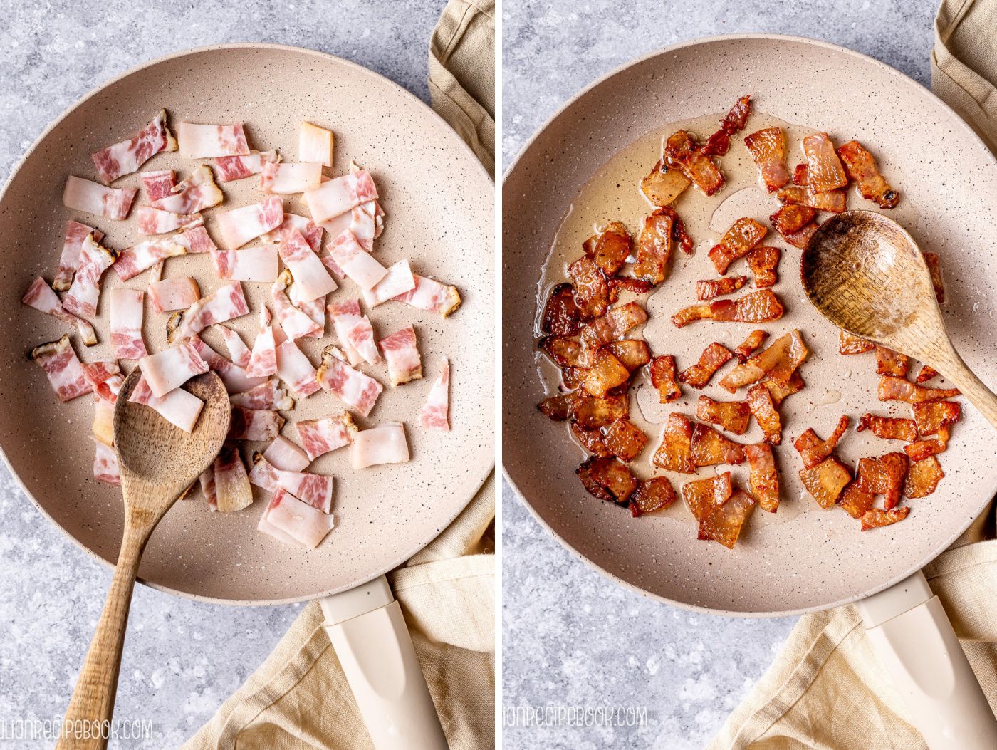 frying (rendering) guanciale in a pan