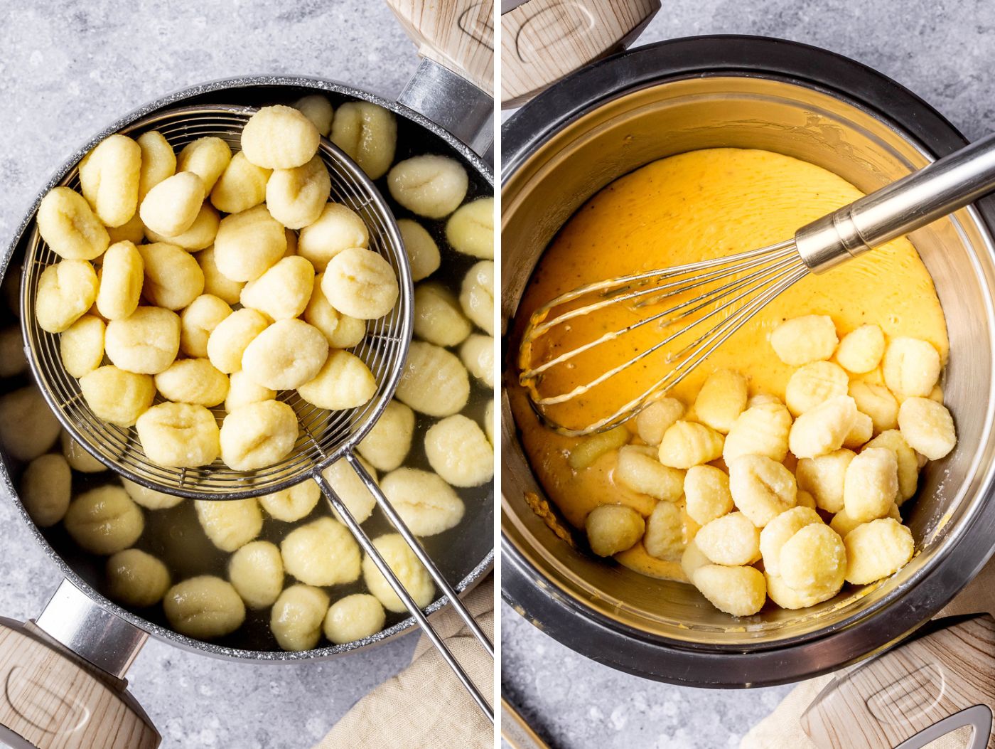 mixing gnocchi with carbonara sauce
