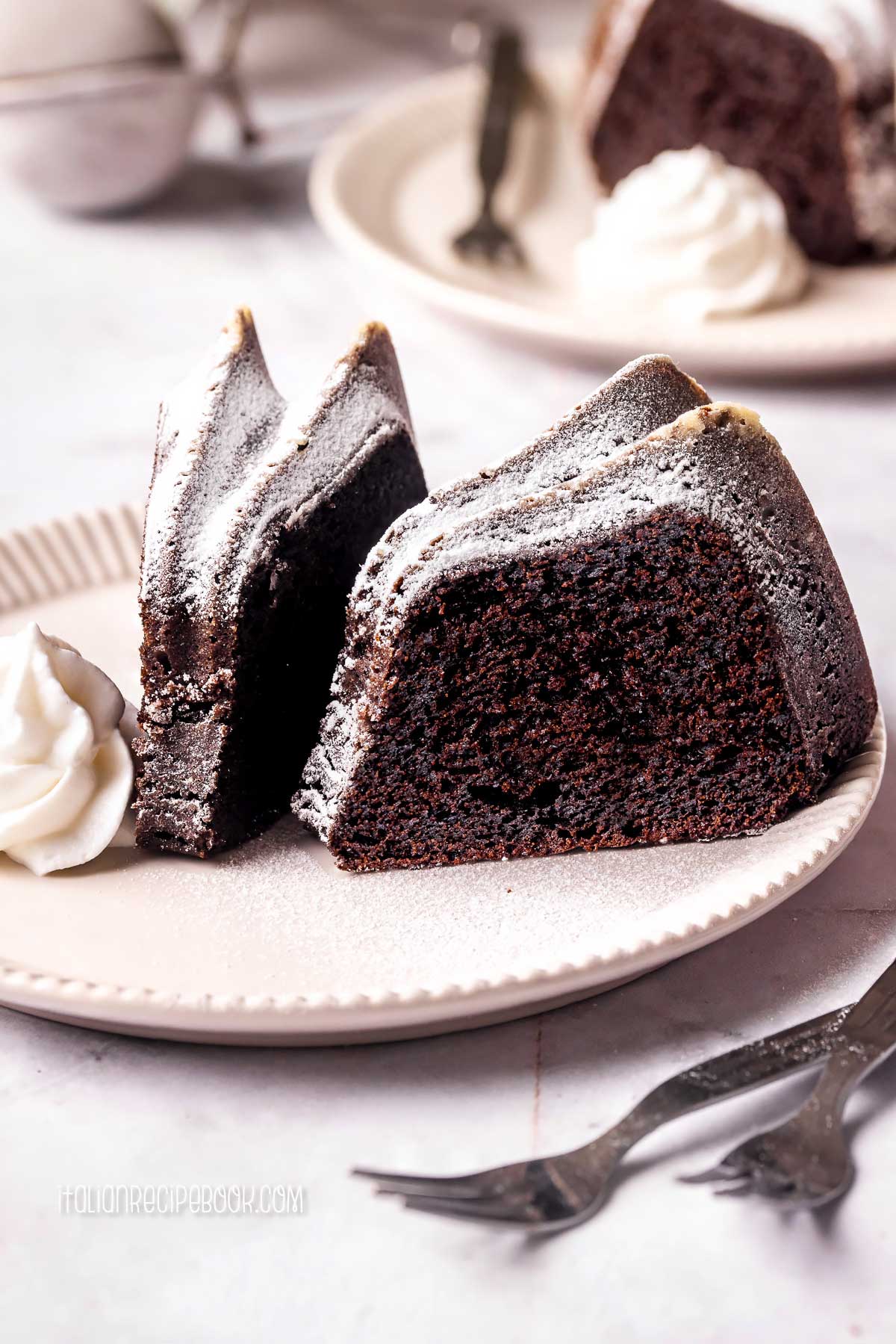Two pieces of chocolate ricotta cake on a plate.