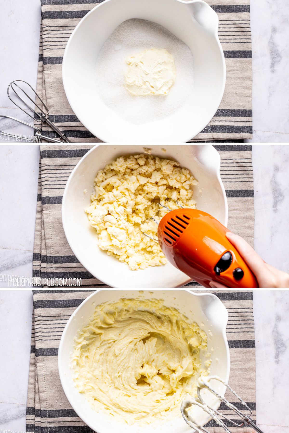 Beating ricotta with sugar using a mixer.