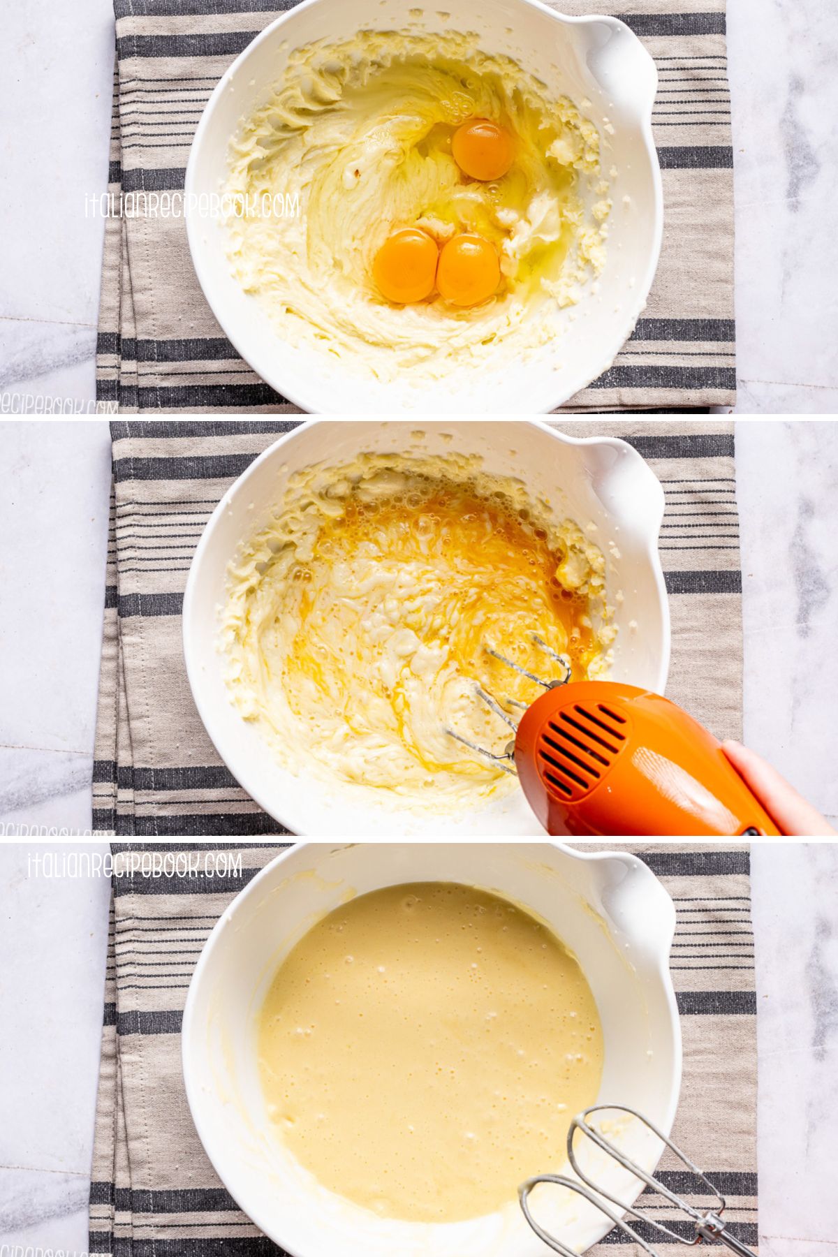 Beating in the eggs into the cake batter.