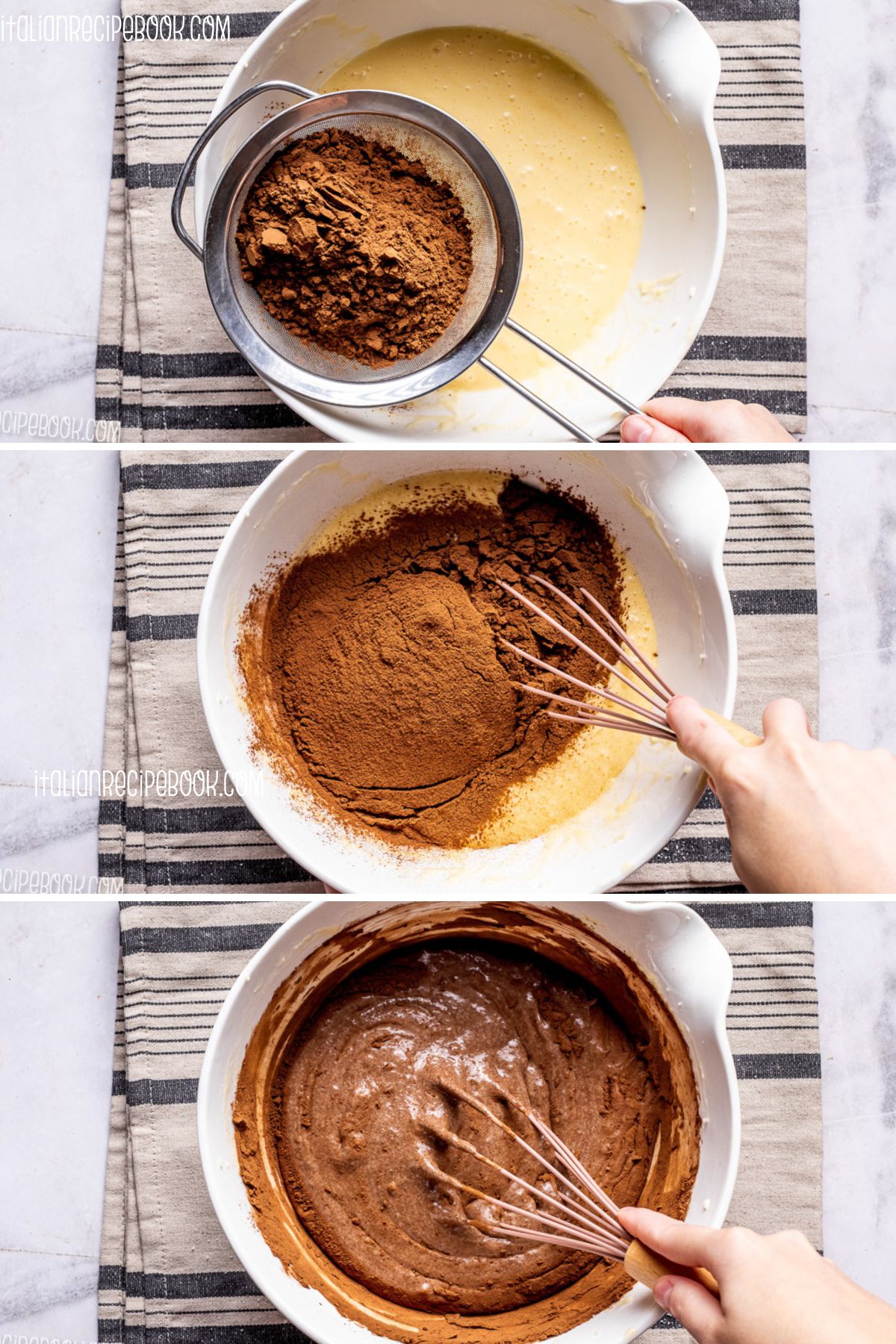 chocolate ricotta cake batter - add sifted cocoa powder