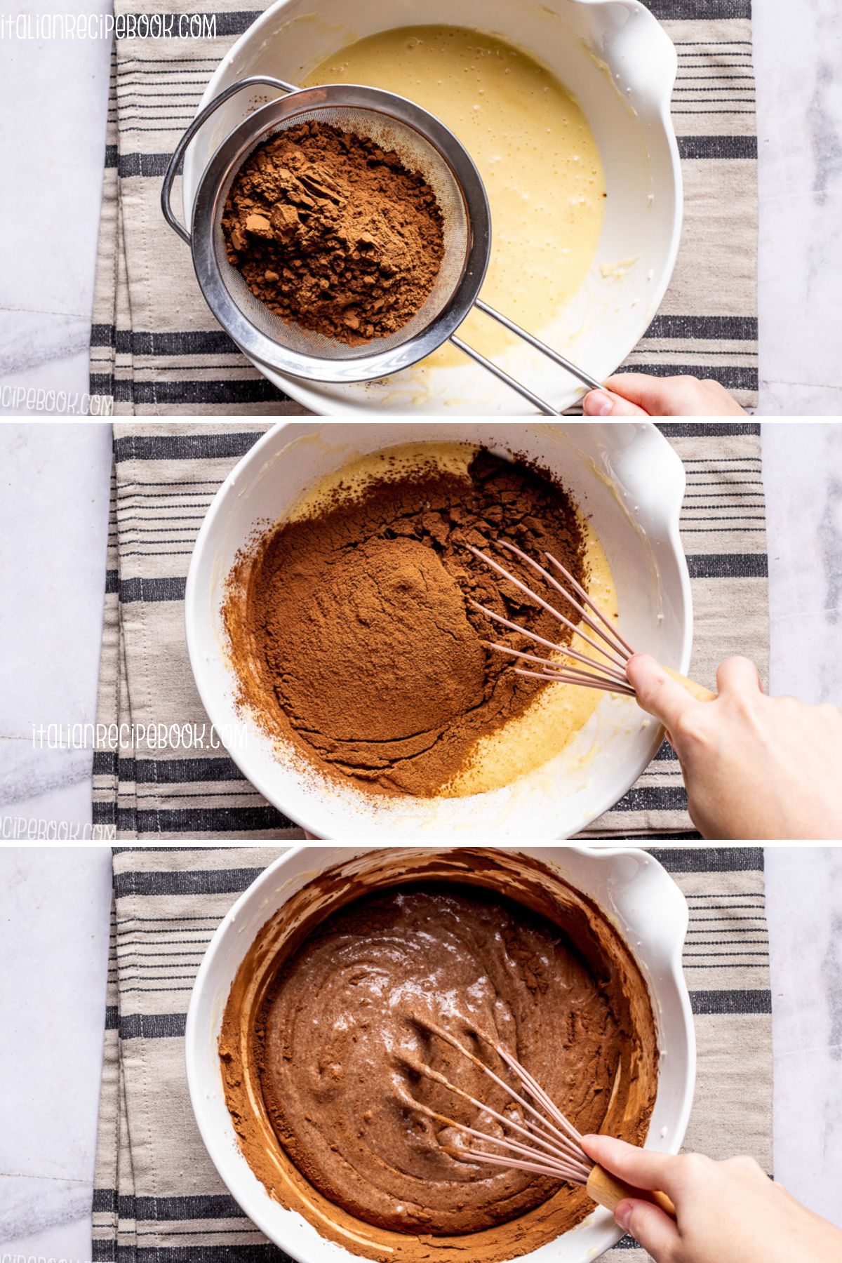 Adding sifted cocoa powder to the cake batter.