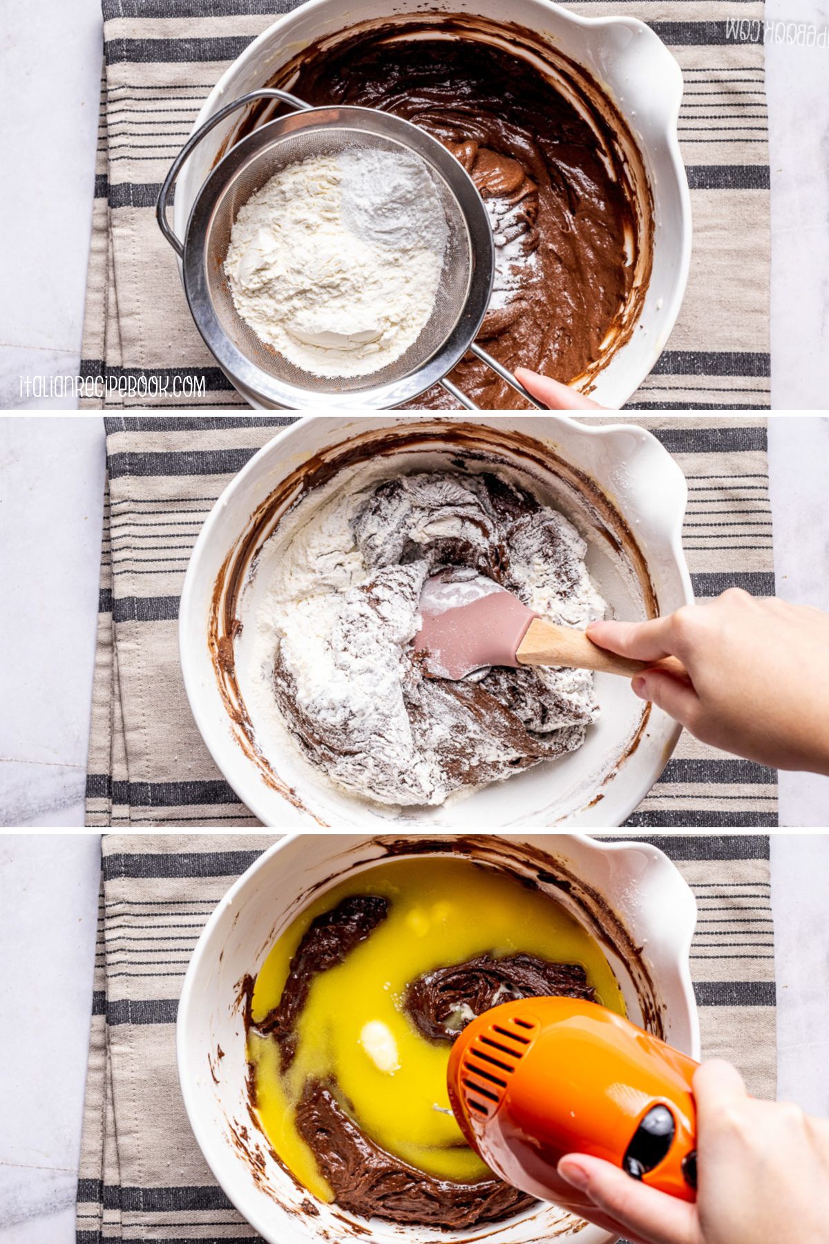 Adding sifted flour and baking powder to the cake batter.