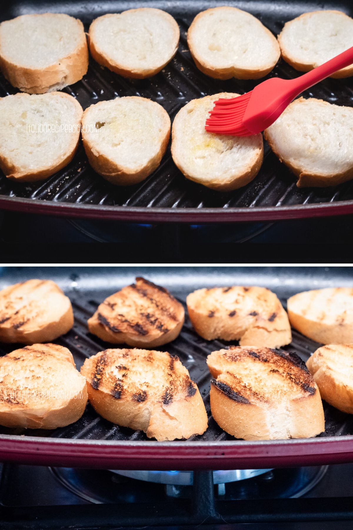Grilling bread for crostini on the cast iron grill.