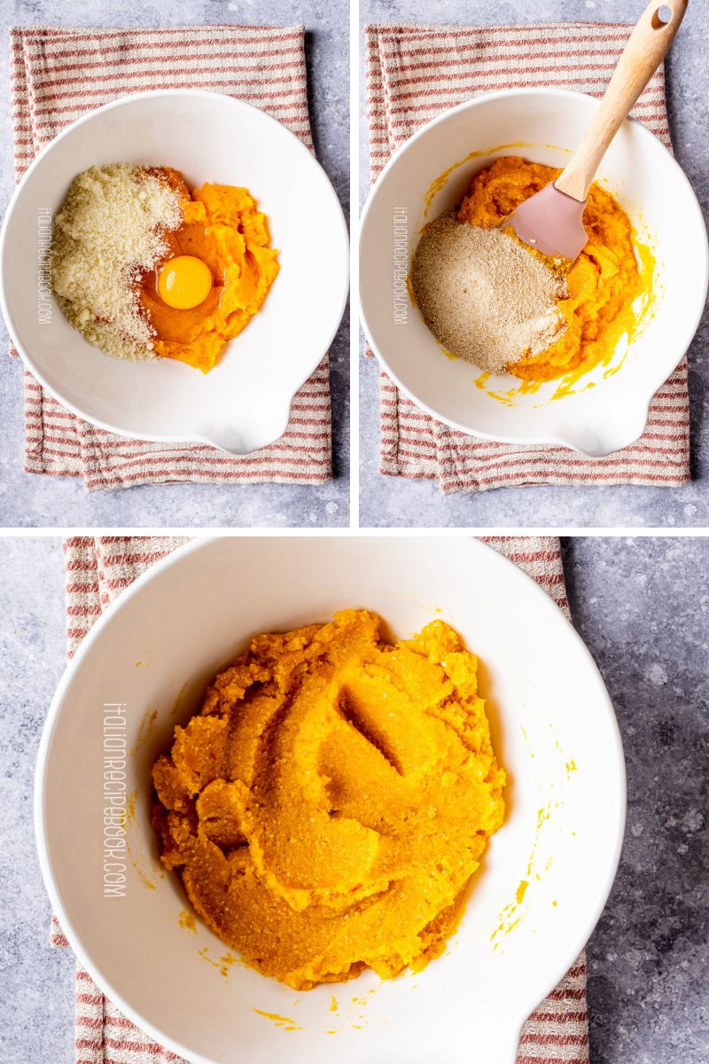 mixing pumpkin puree, egg and parmesan cheese