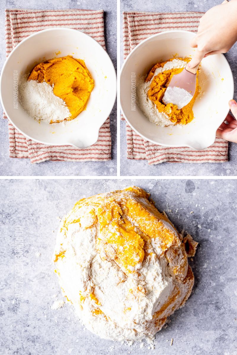 mixing flour in the pumpkin dough