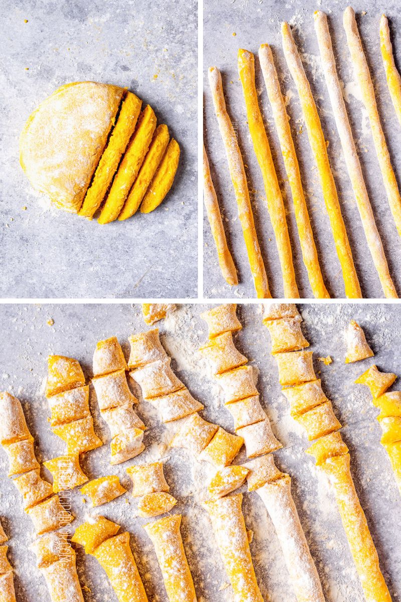 rolling and cutting pumpkin gnocchi