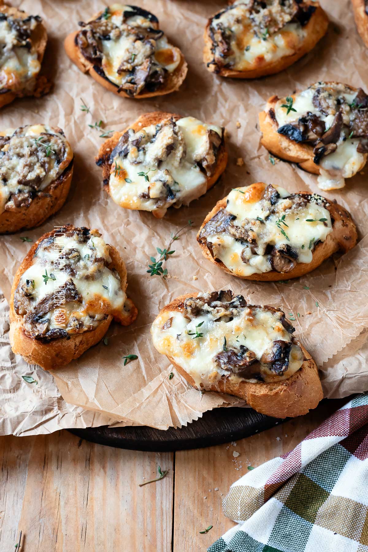 Mushroom crostini on a platter.