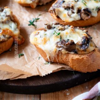Mushroom crostini, close-up view.