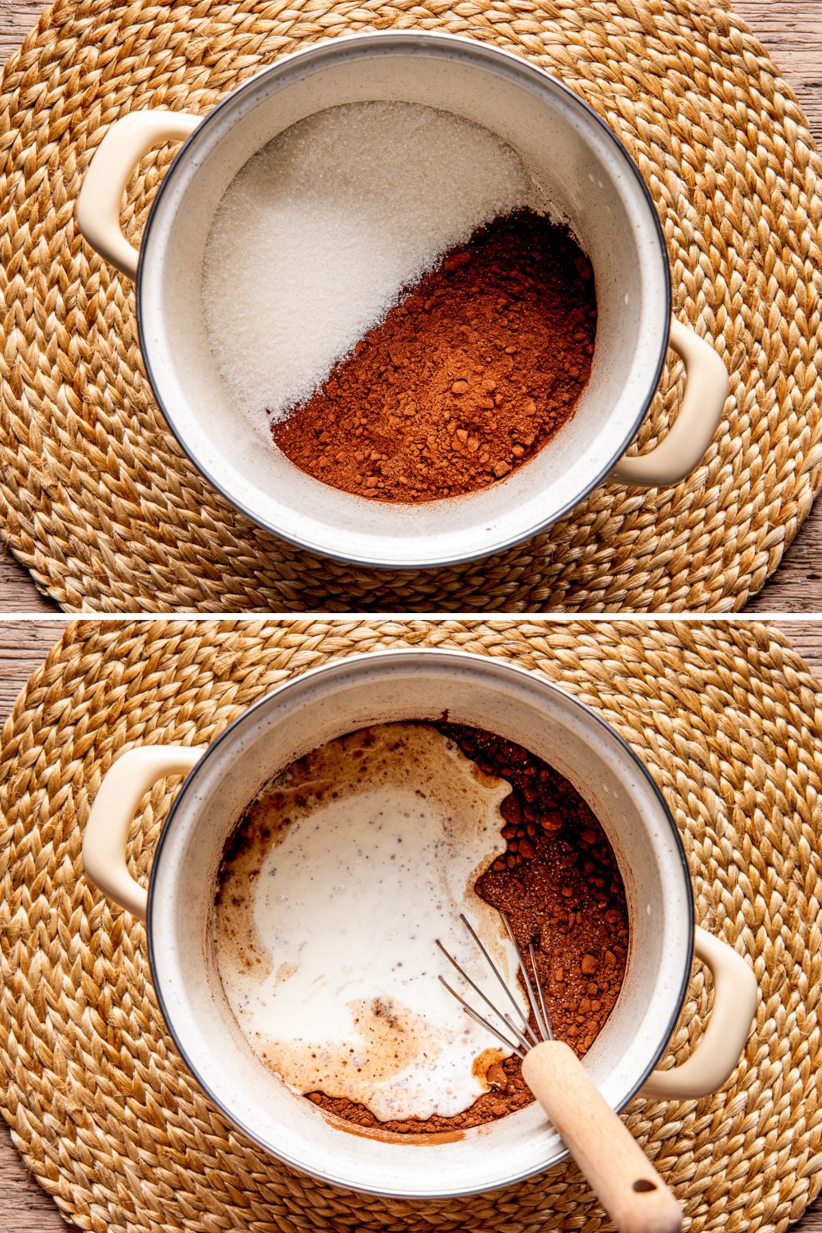 mixing cocoa with sugar, then adding milk