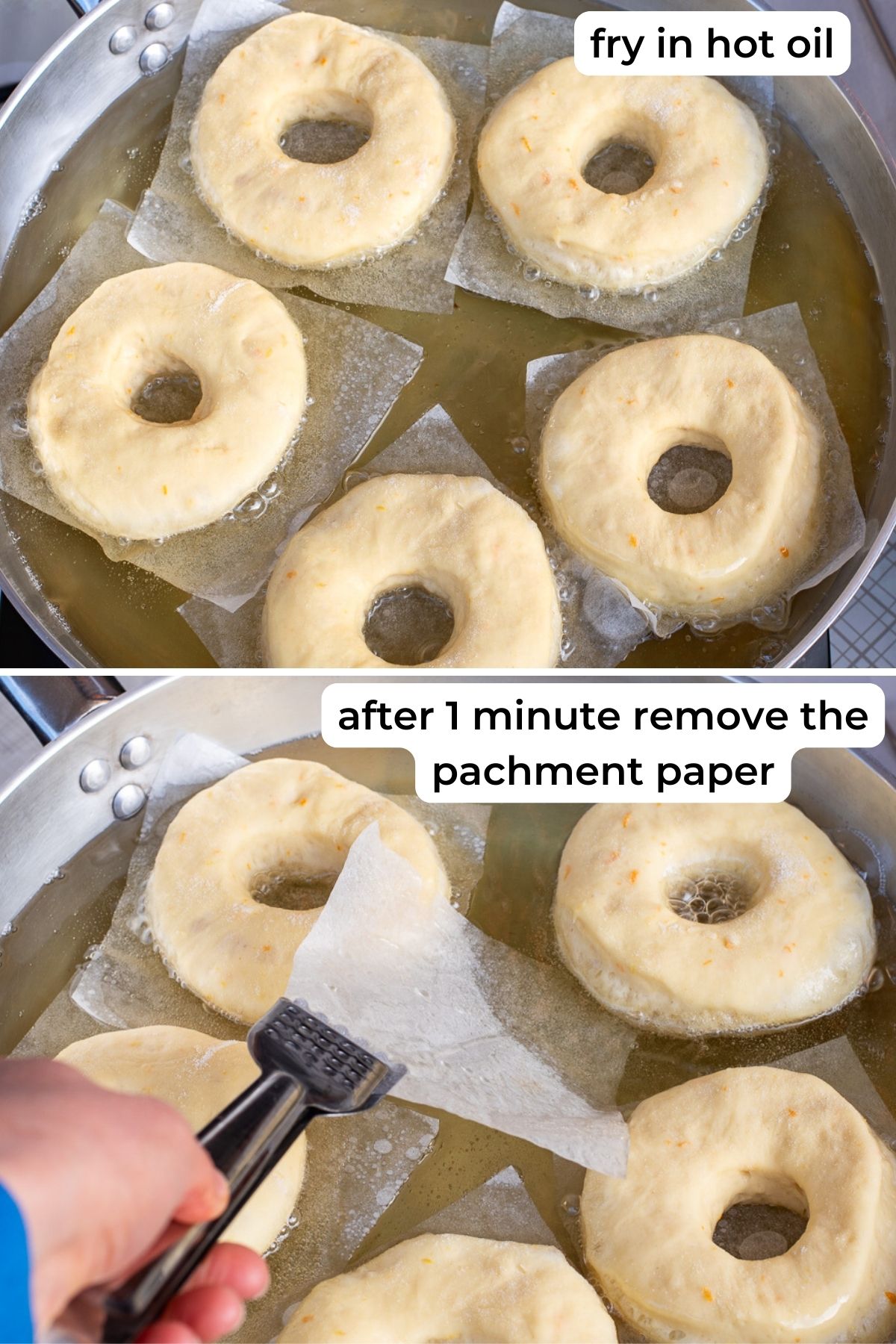Frying graffe doughnuts in a frying pan with lots of oil.