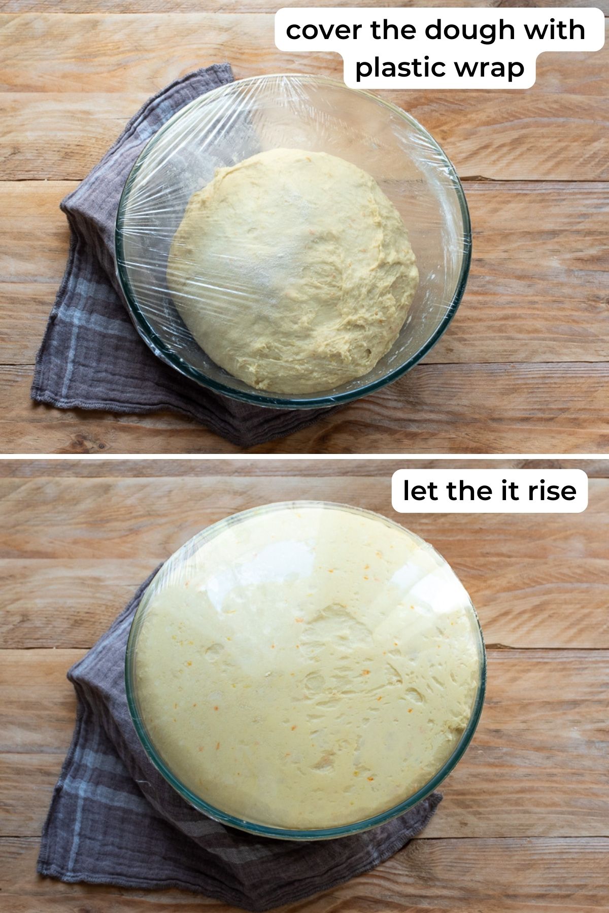 Dough in a bowl before and after first rise.
