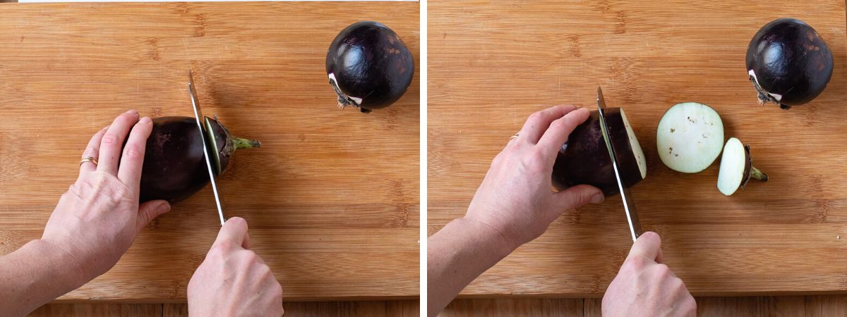 Trimming and slicing eggplant.
