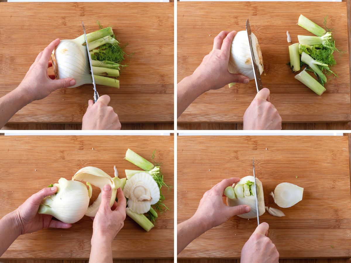 Trimming and cutting fennel bulb.