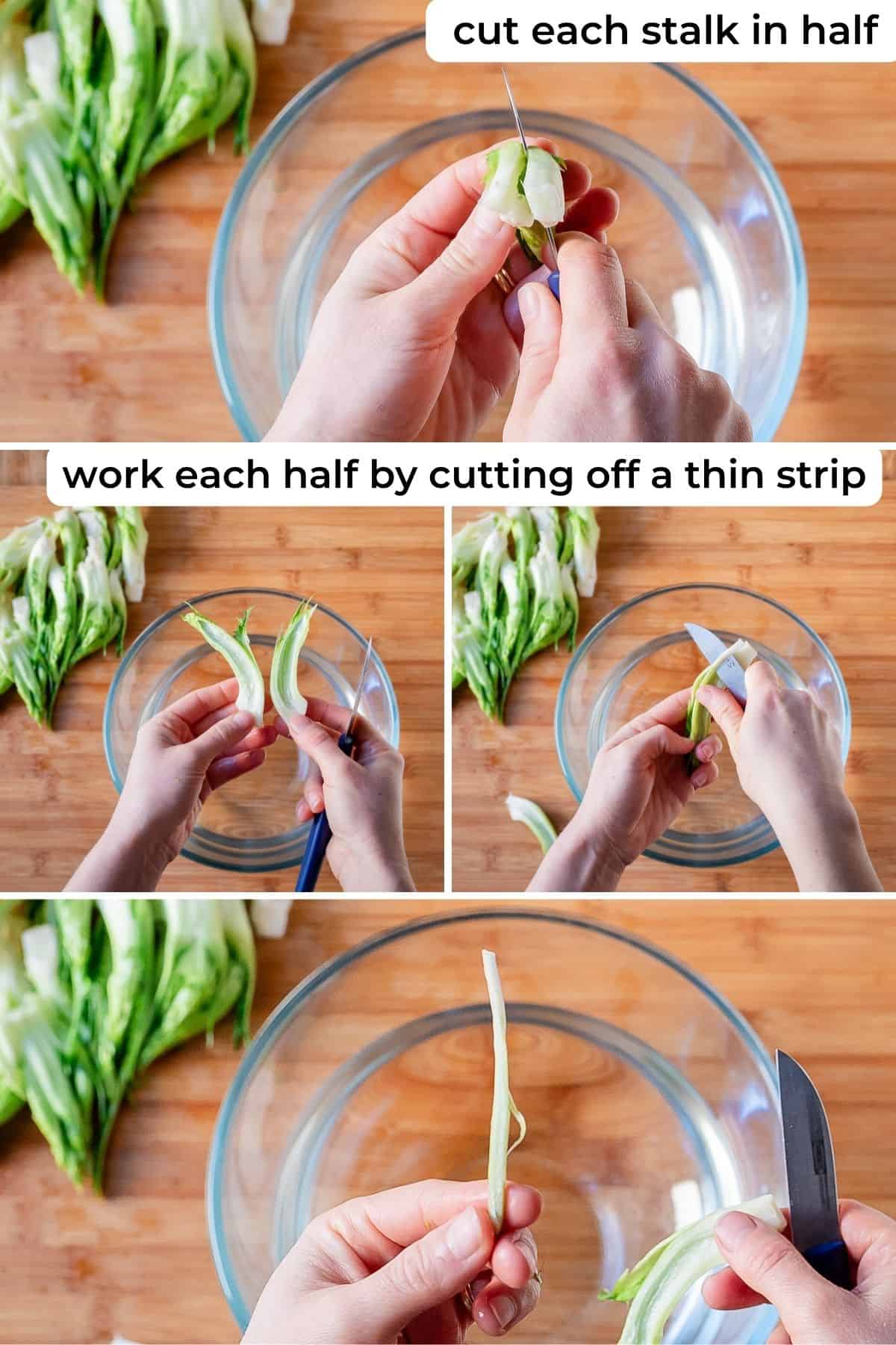 Cutting puntarelle into thin strips.