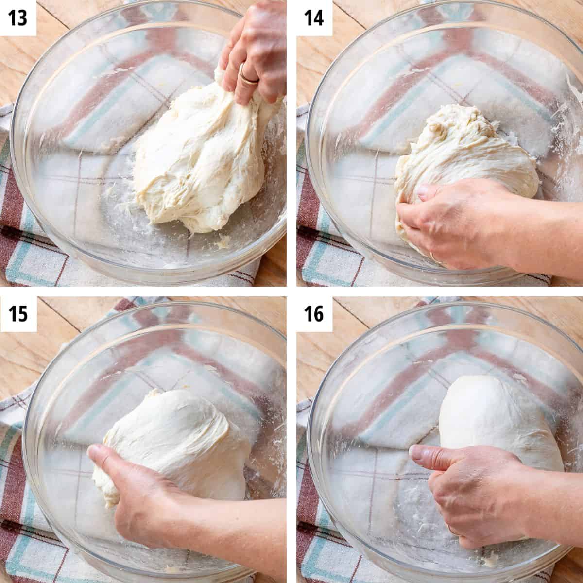 Folding the dough in a bowl.