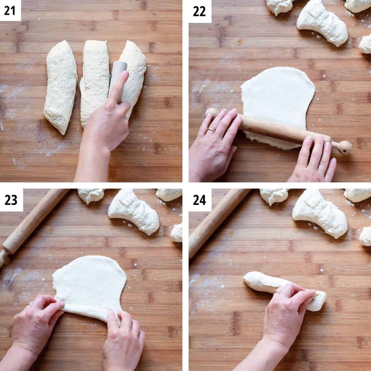 Shaping panini bread on a wooden board.