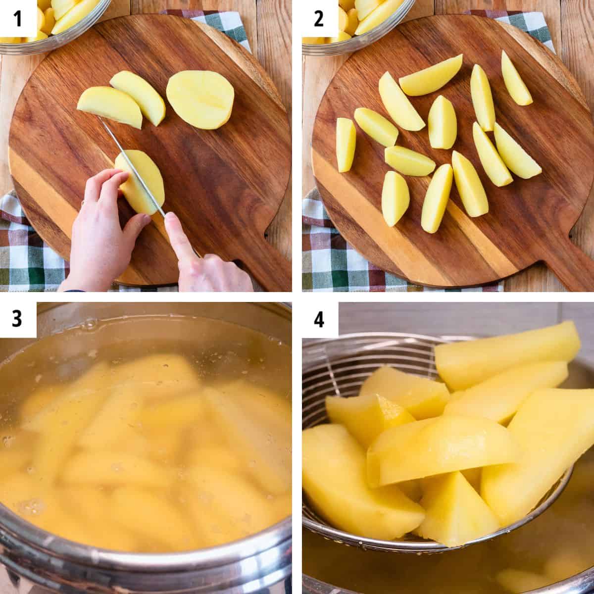 Preparing potatoes by cutting and boiling them.