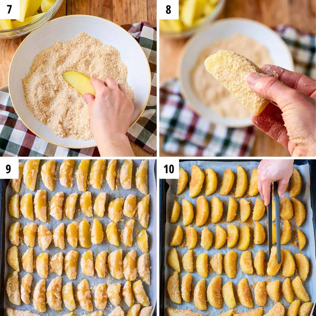 Breading potatoes in Parmesan mix, then arranging on a baking sheet.