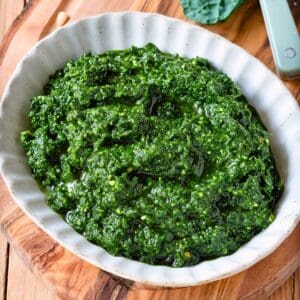 Kale Pesto in a small ceramic bowl.