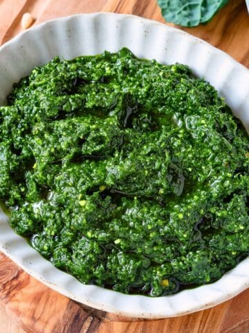 Kale Pesto in a small ceramic bowl.