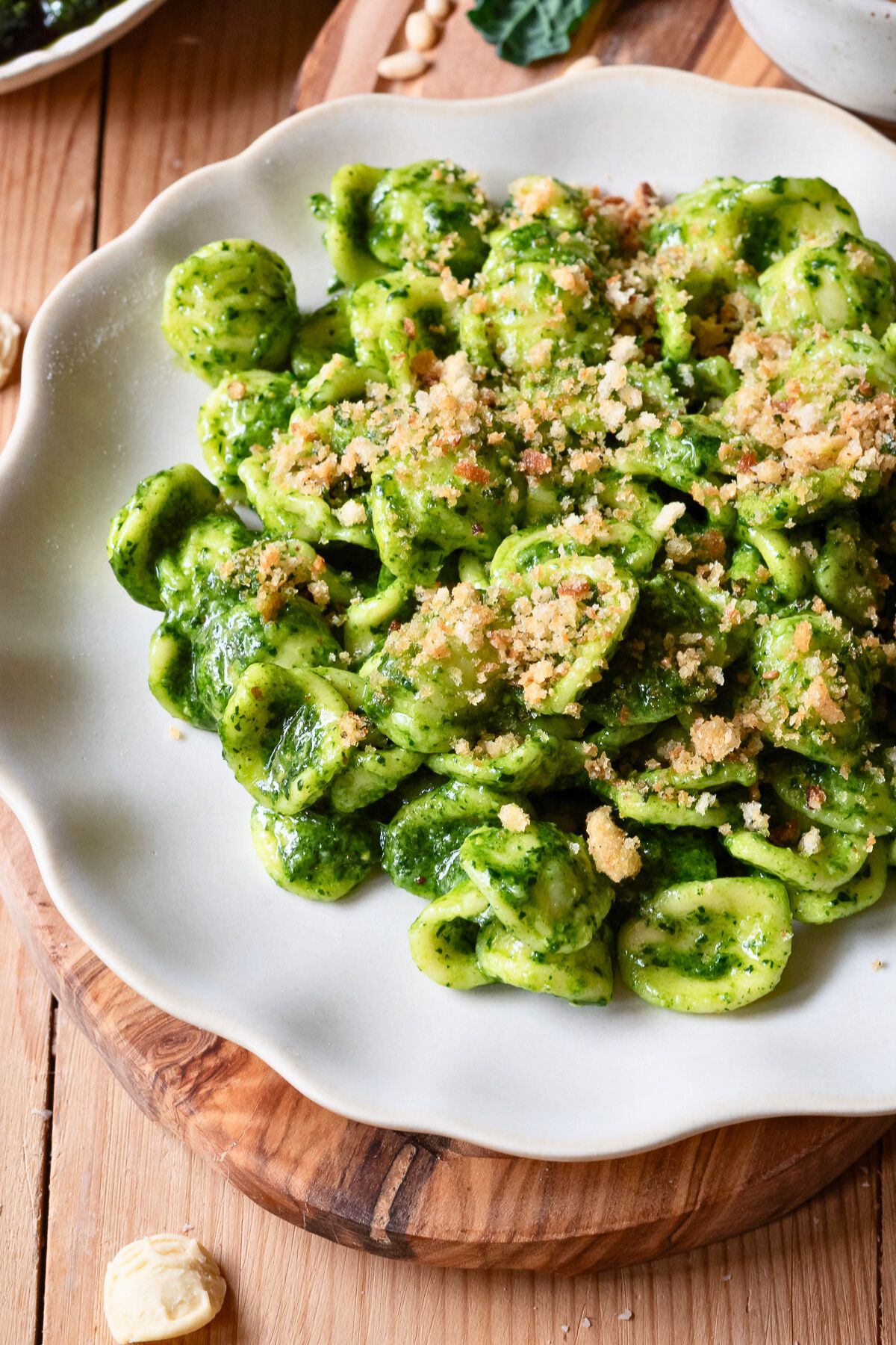 Orecchiette with Tuscan kale pesto on a plate.