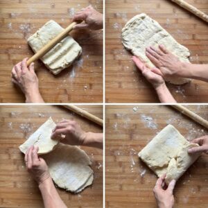 Step by step collage of the second roll and letter fold for homemade puff pastry.