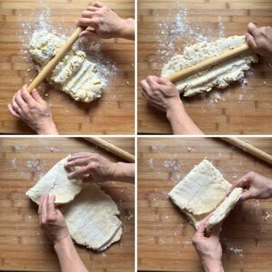 Step by step collage of rolling puff pastry dough into a rectangle and folding it into thirds.