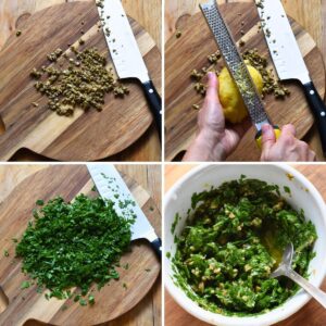Step by step collage of making the gremolata sauce for eggplant steaks: chopping olives, zesting lemon, chopping parsley, and mixing with olive oil.