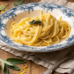 Close-up of creamy lemon linguine pasta al limone garnished with sage in a blue-rimmed bowl.