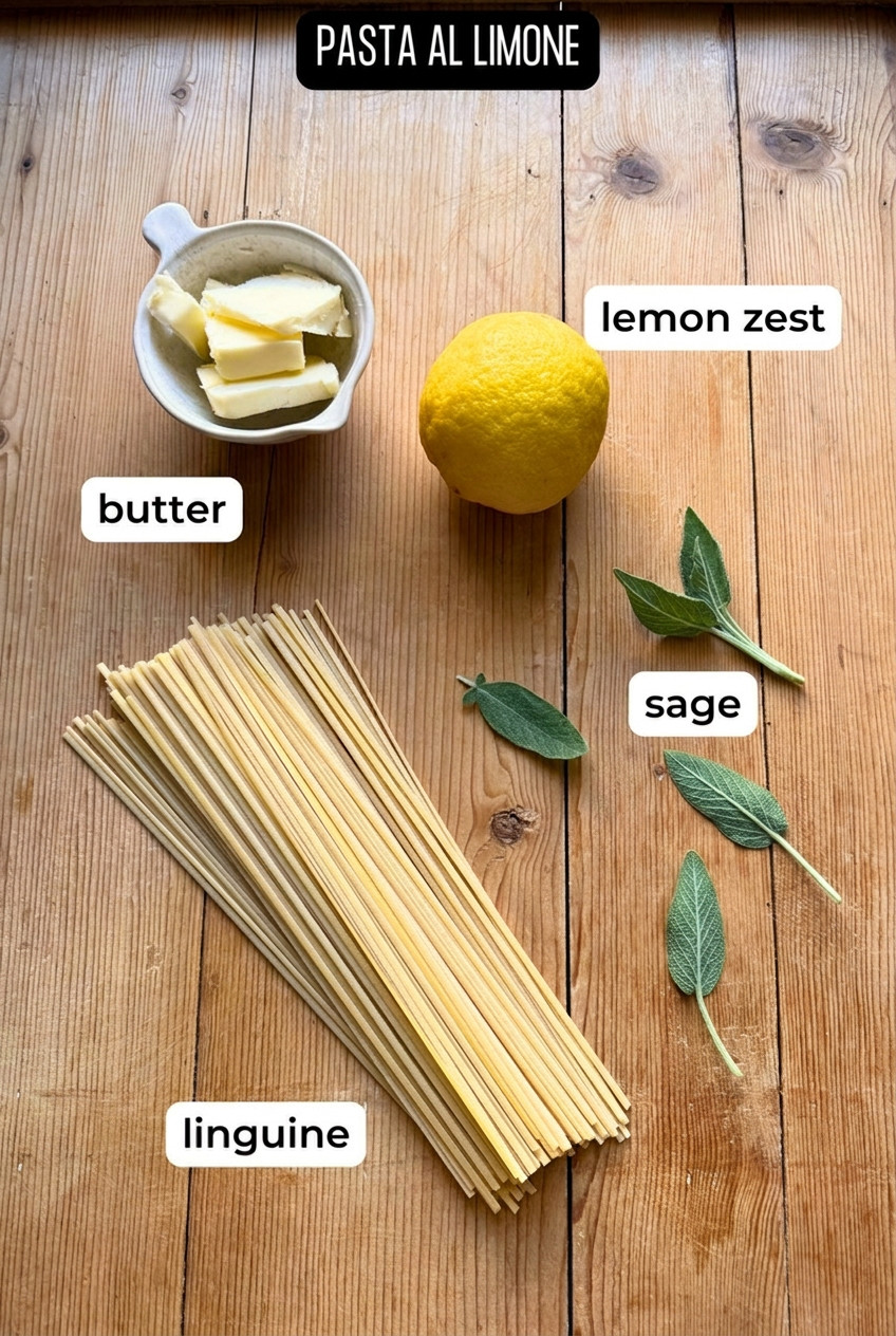 Ingredients for pasta al limone laid on a wooden background.