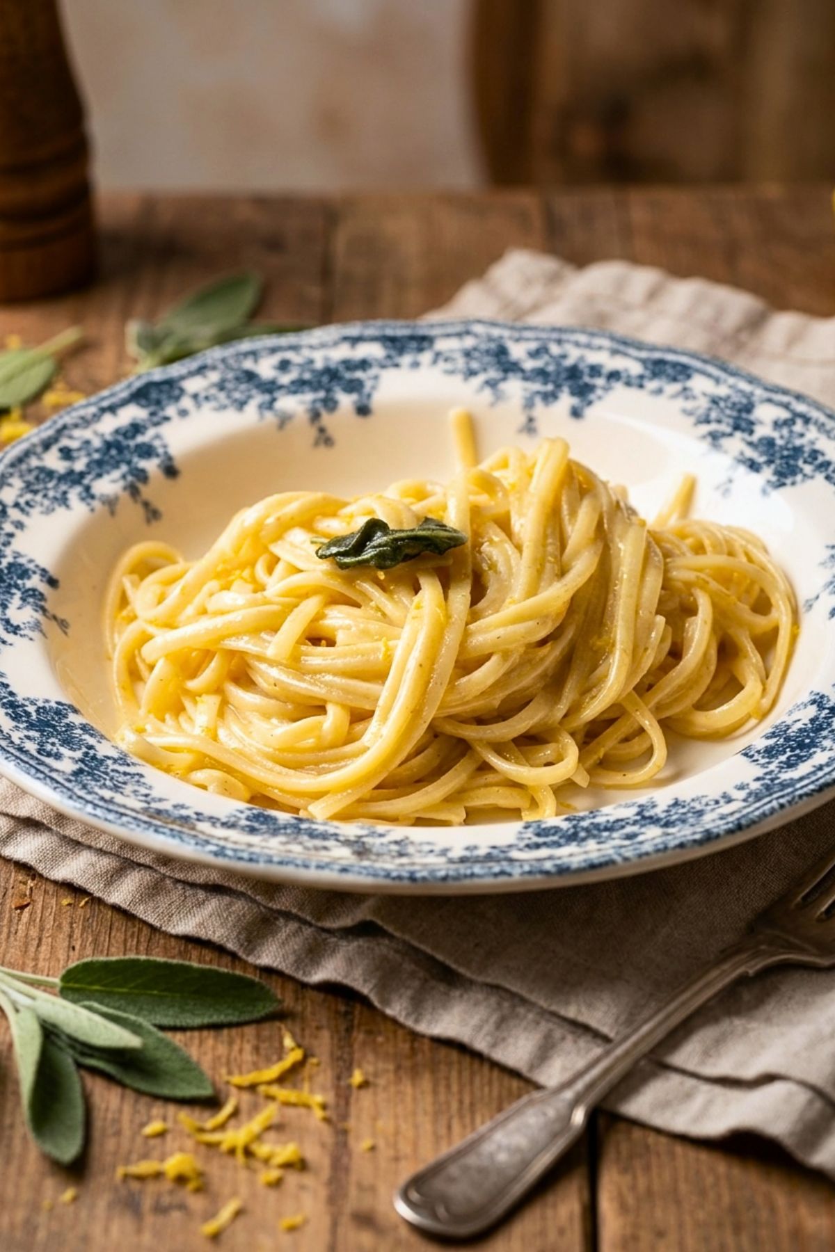Plate of creamy pasta al limone with sage on a rustic wooden table with a linen napkin and fork.